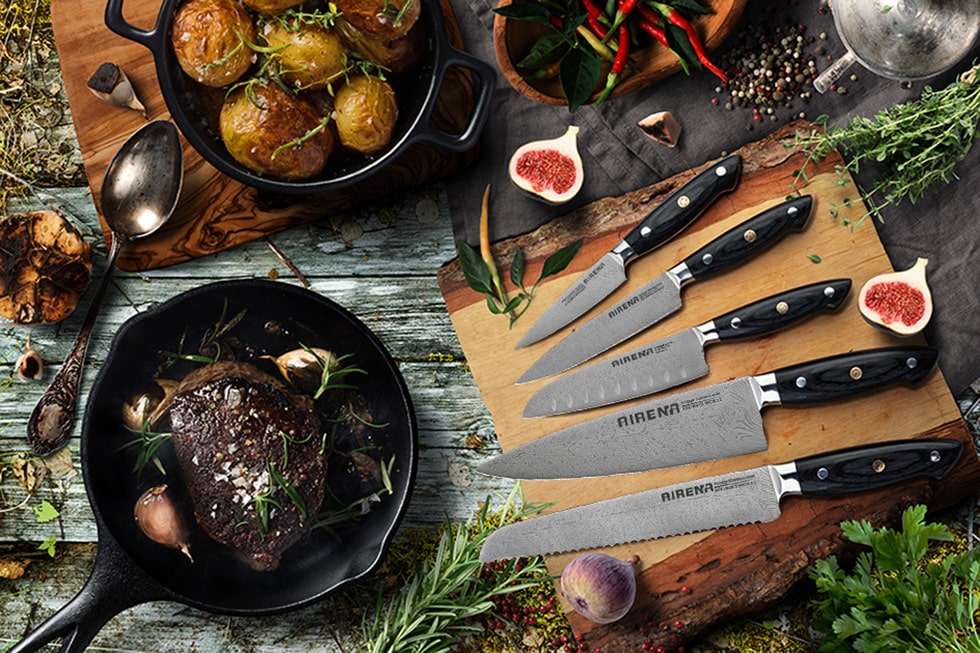 8" Chef Knife, Top Performance Kitchen Knife - Stylish Damascus Style Pattern Professional Kitchen Knife - Rustproof German Steel - Best Value with Sheath & Exquisite GiftBoxs - Ultra Sharp Cooking Knife - AIRENA