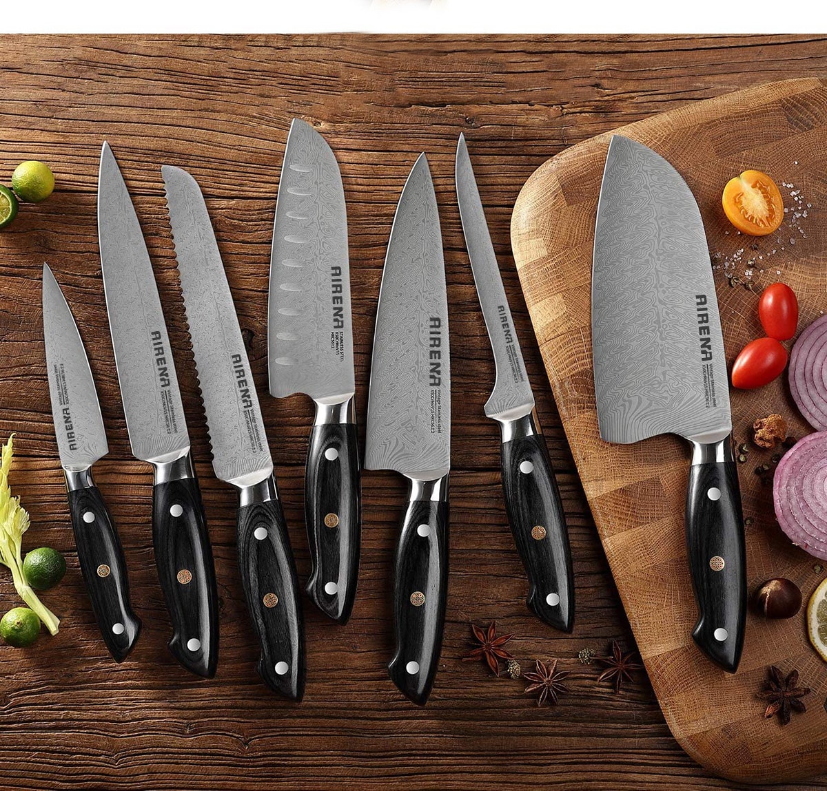 8" Chef Knife, Top Performance Kitchen Knife - Stylish Damascus Style Pattern Professional Kitchen Knife - Rustproof German Steel - Best Value with Sheath & Exquisite GiftBoxs - Ultra Sharp Cooking Knife - AIRENA