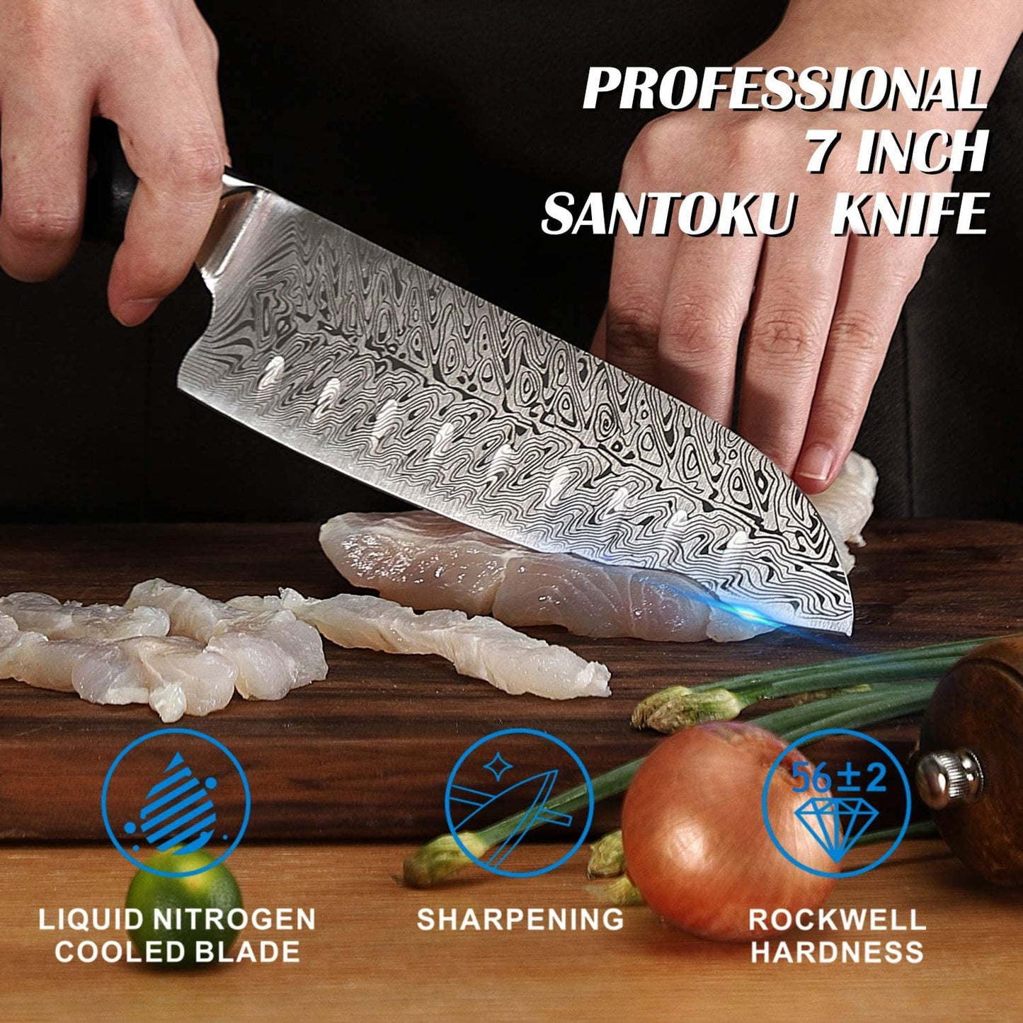 Santoku Knife, 7" Top Chef Knife - Damask style Japanese Kitchen Knife - Rustproof German Steel - Best Value with Sheath & Exquisite GiftBoxs - Ultra Sharp Cooking Knife - AIRENA