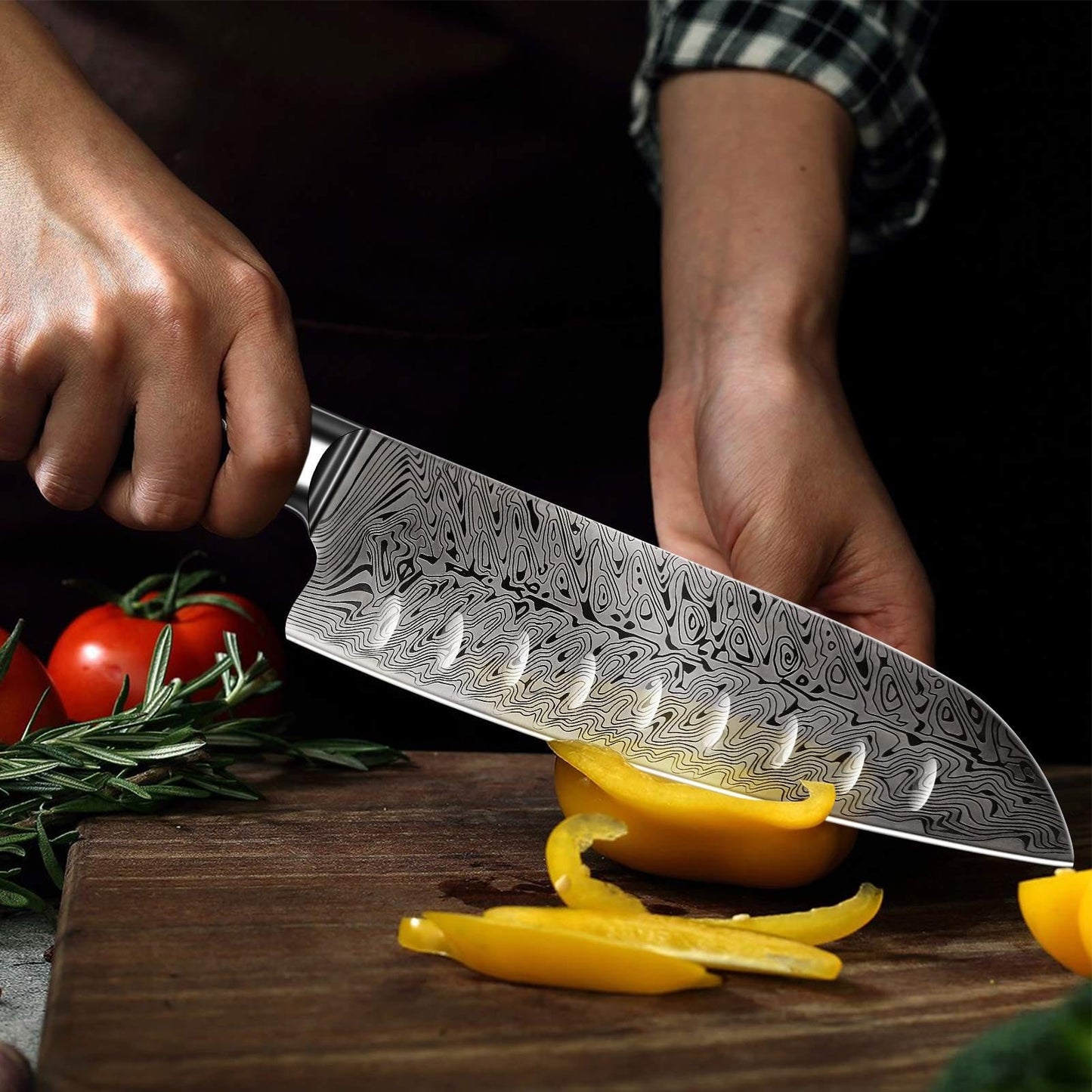 Santoku Knife, 7" Top Chef Knife - Damask style Japanese Kitchen Knife - Rustproof German Steel - Best Value with Sheath & Exquisite GiftBoxs - Ultra Sharp Cooking Knife - AIRENA