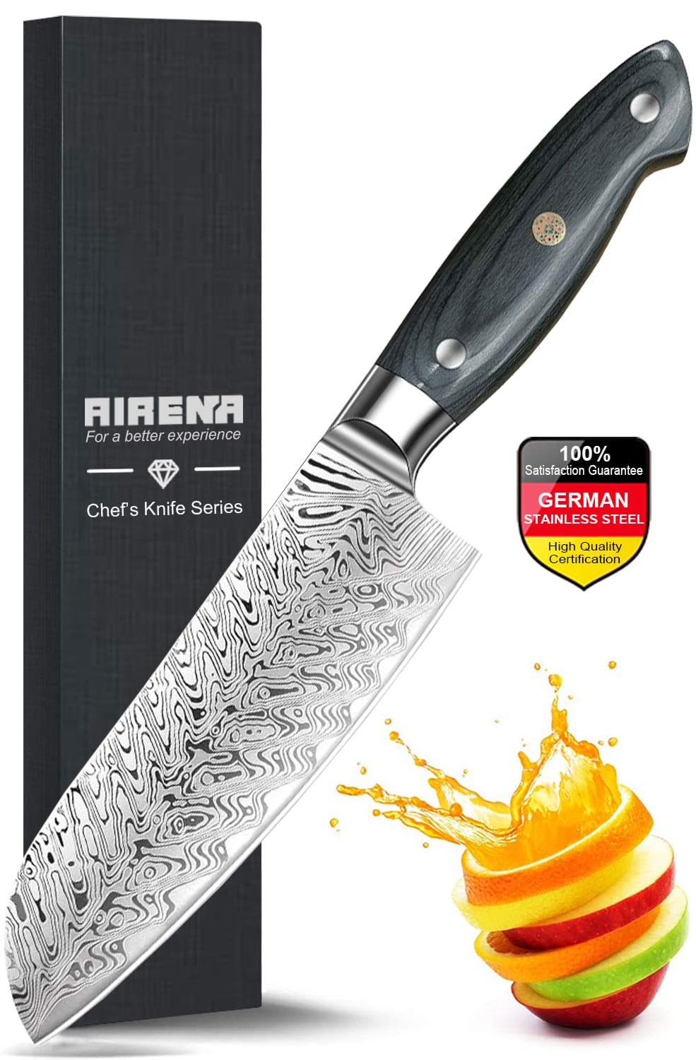 Santoku Knife, 7" Top Chef Knife - Damask style Japanese Kitchen Knife - Rustproof German Steel - Best Value with Sheath & Exquisite GiftBoxs - Ultra Sharp Cooking Knife - AIRENA
