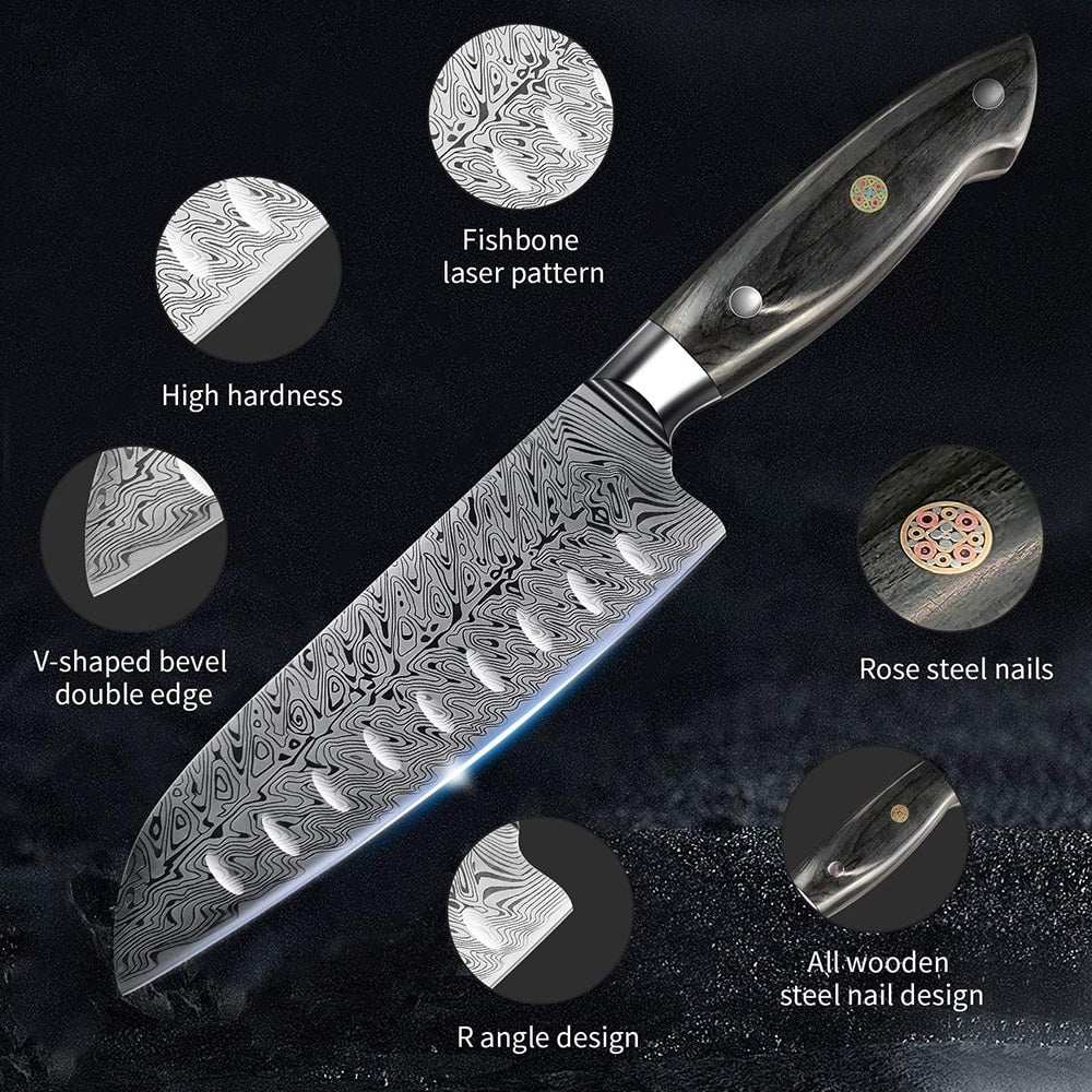 Santoku Knife, 7" Top Chef Knife - Damask style Japanese Kitchen Knife - Rustproof German Steel - Best Value with Sheath & Exquisite GiftBoxs - Ultra Sharp Cooking Knife - AIRENA