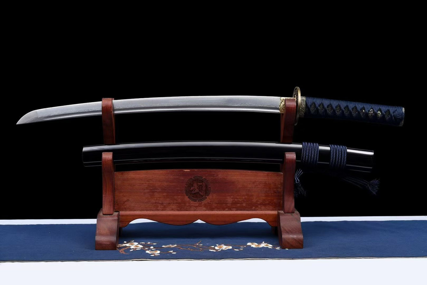 20" High Performance Carbon Steel Chinese Sword with Rosewood Scabbard - Pattern-Welded Steel "Azure Dragon Wakizashi" (Model No. 20250498)