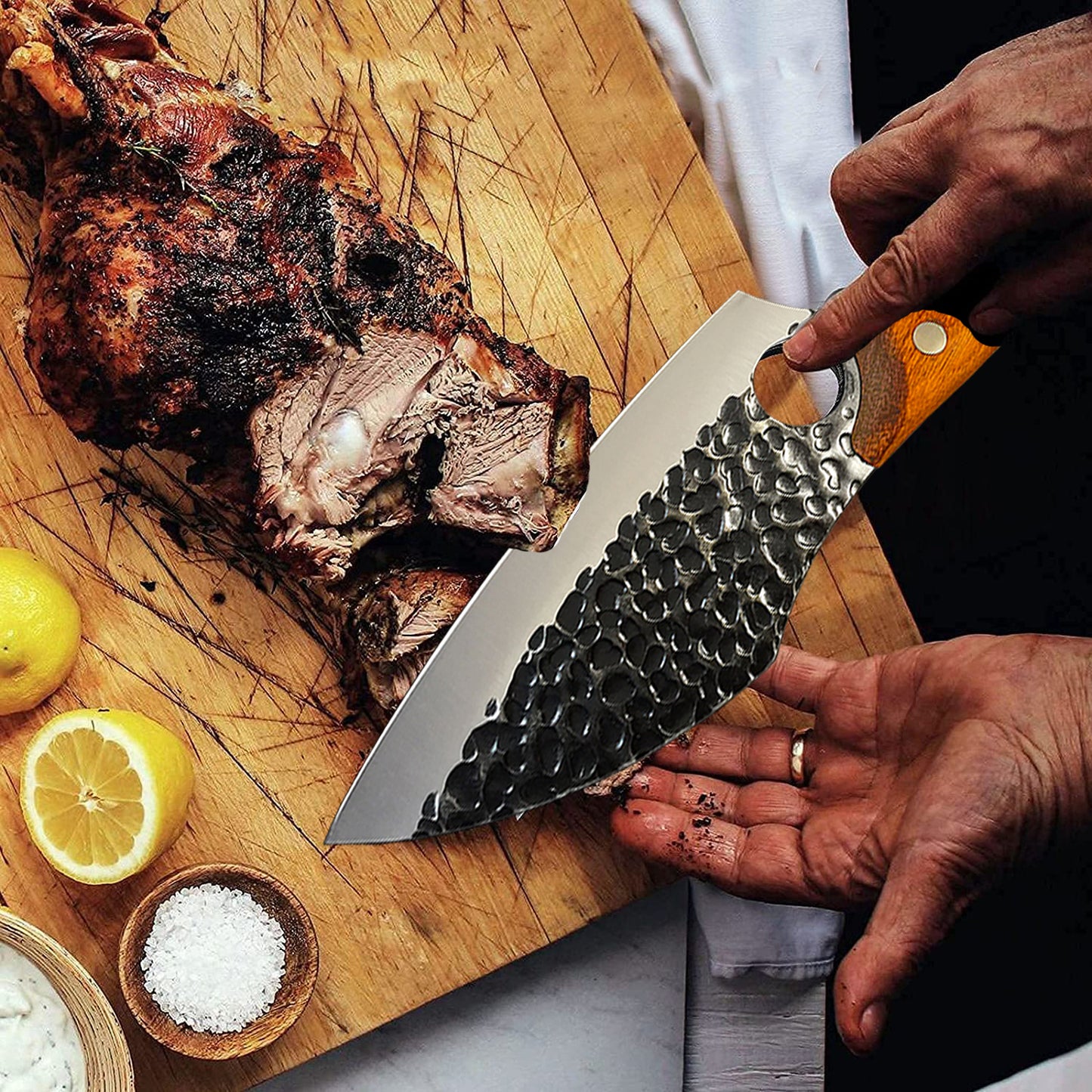 Chef Knife - Perfect Hand-forged Kitchen Knives, Japanese Viking Knife for Cooking, Chopping. Japanese Style Knives for Home, Camping, BBQ.  Balance & Control, 5.8 Inch