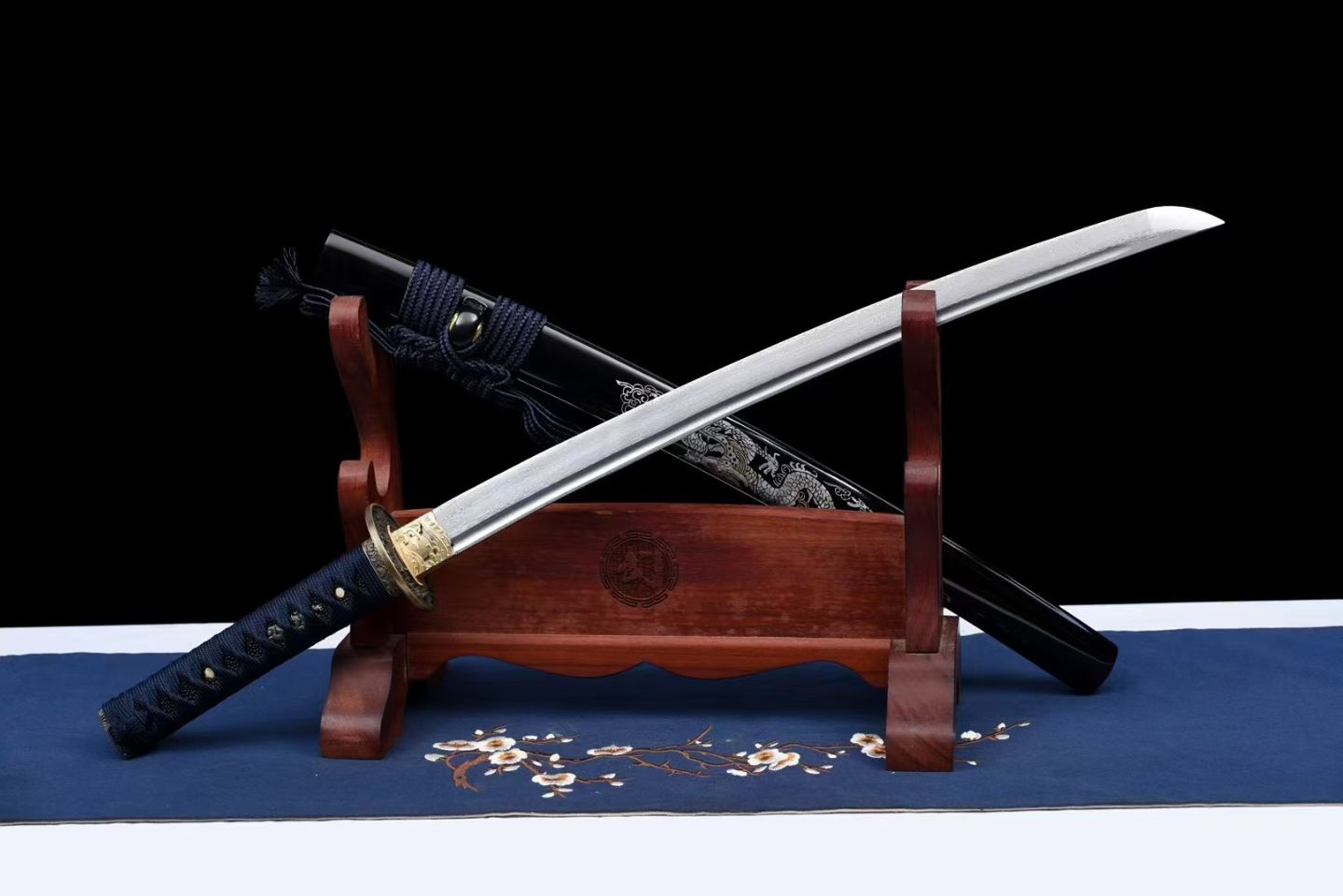 20" High Performance Carbon Steel Chinese Sword with Rosewood Scabbard - Pattern-Welded Steel "Azure Dragon Wakizashi" (Model No. 20250498)
