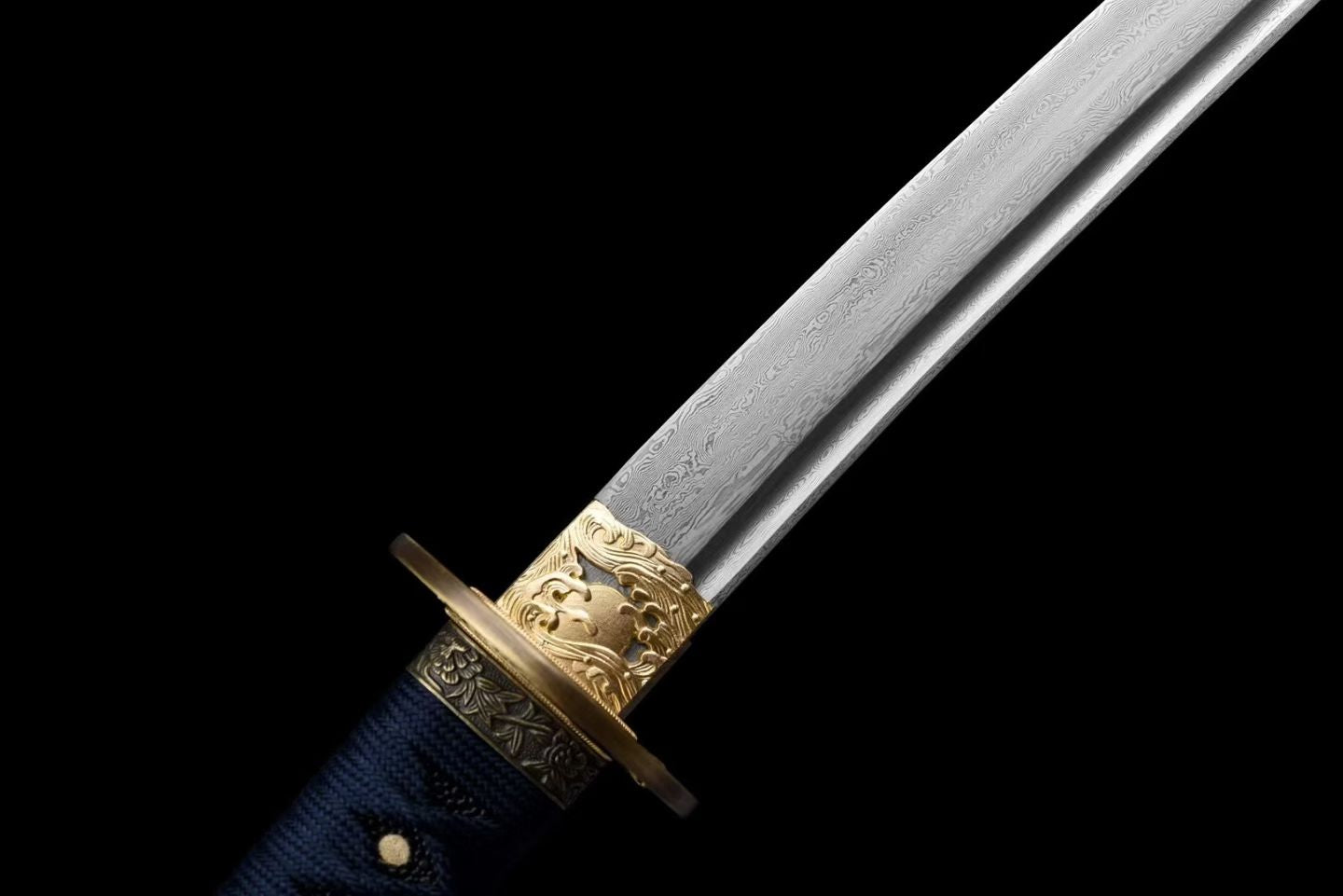 20" High Performance Carbon Steel Chinese Sword with Rosewood Scabbard - Pattern-Welded Steel "Azure Dragon Wakizashi" (Model No. 20250498)