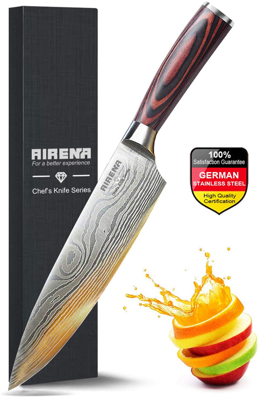 8" Chef's Knife - Damascus style Japanese Kitchen Knife - Rustproof German Steel - Ultra Sharp Cooking Knife - Best Value Gift (Christmas, Father's Day, Mother's Day) for Home Cooks,Professional Chef's, Culinary Students and More.