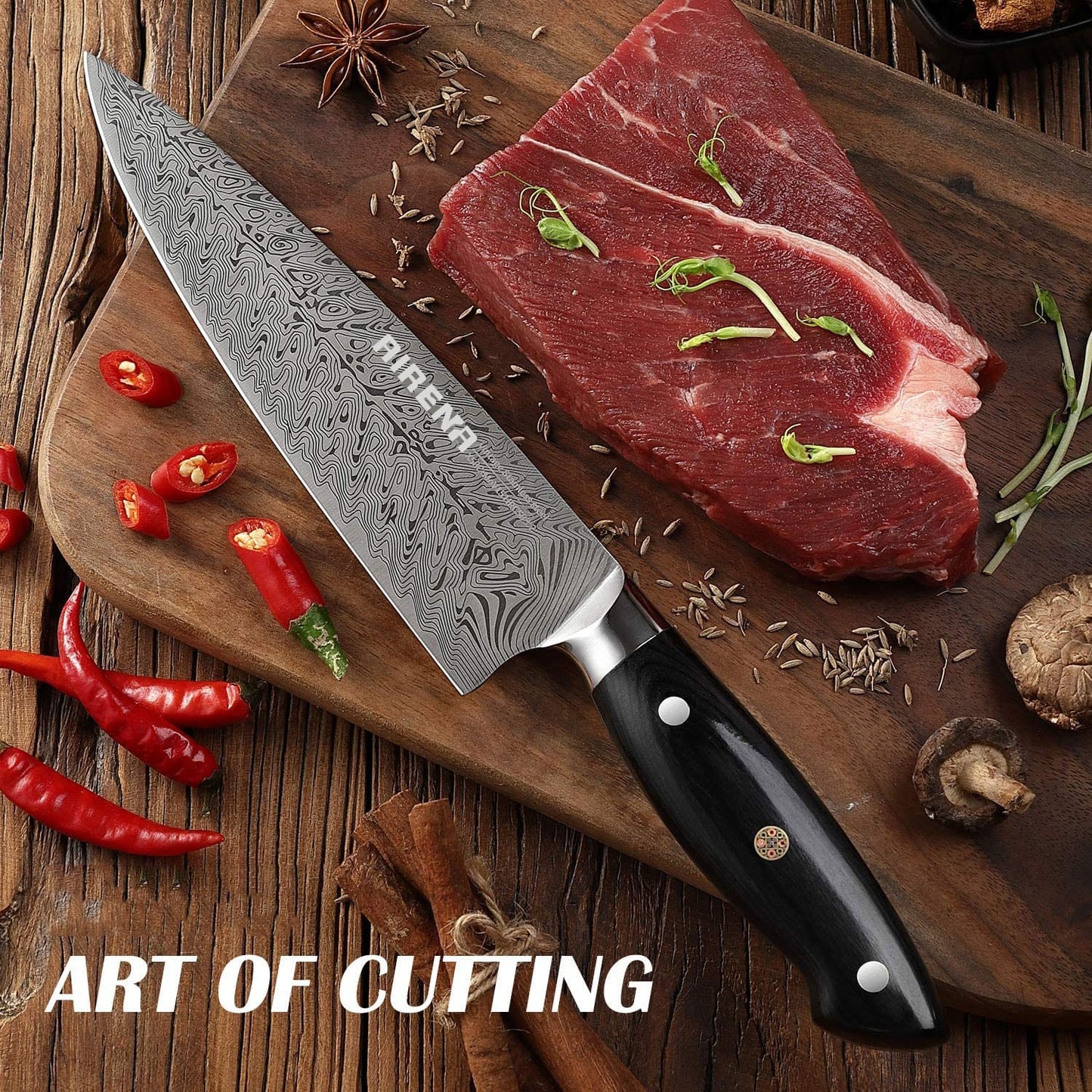 8" Chef Knife, Top Performance Kitchen Knife - Stylish Damascus Style Pattern Professional Kitchen Knife - Rustproof German Steel - Best Value with Sheath & Exquisite GiftBoxs - Ultra Sharp Cooking Knife - AIRENA